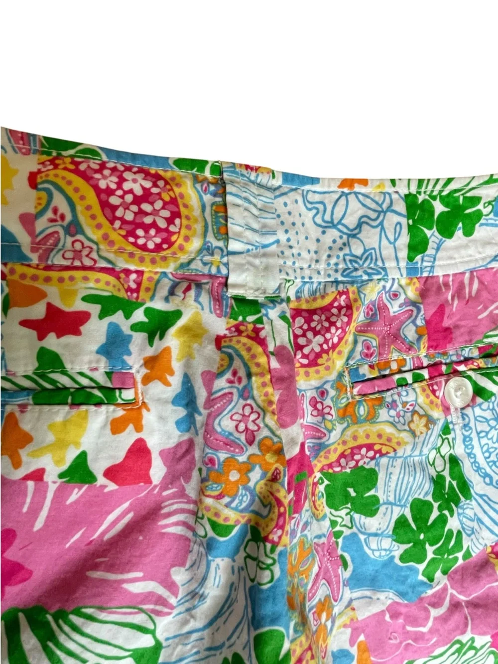 Lilly Pulitzer VTG Patchwork Bermuda Shorts Sz 14 Floral Tropical Stretch Cotton